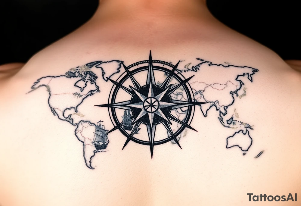 antique compass rose overlaid on weathered world map with sailing ships tattoo idea