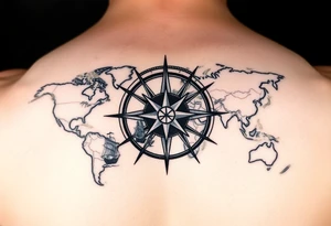 antique compass rose overlaid on weathered world map with sailing ships tattoo idea
