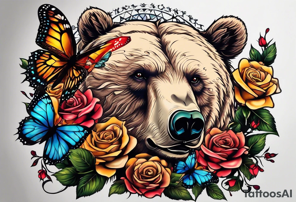 Bear under the tree of life with multiple colored roses and three butterflies for an upper arm tattoo. tattoo idea