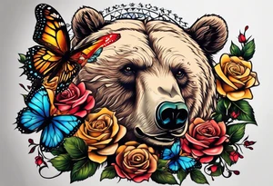 Bear under the tree of life with multiple colored roses and three butterflies for an upper arm tattoo. tattoo idea
