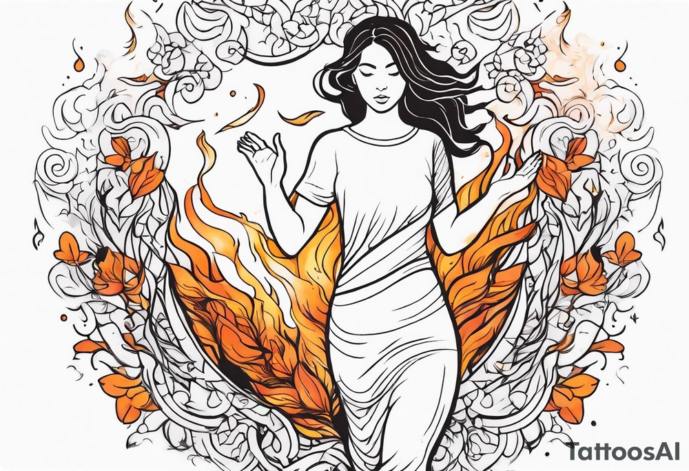 Resurrection strength and courage Beautiful Woman walking through fire and chaos to inner peace and self-love  ethereal tattoo idea