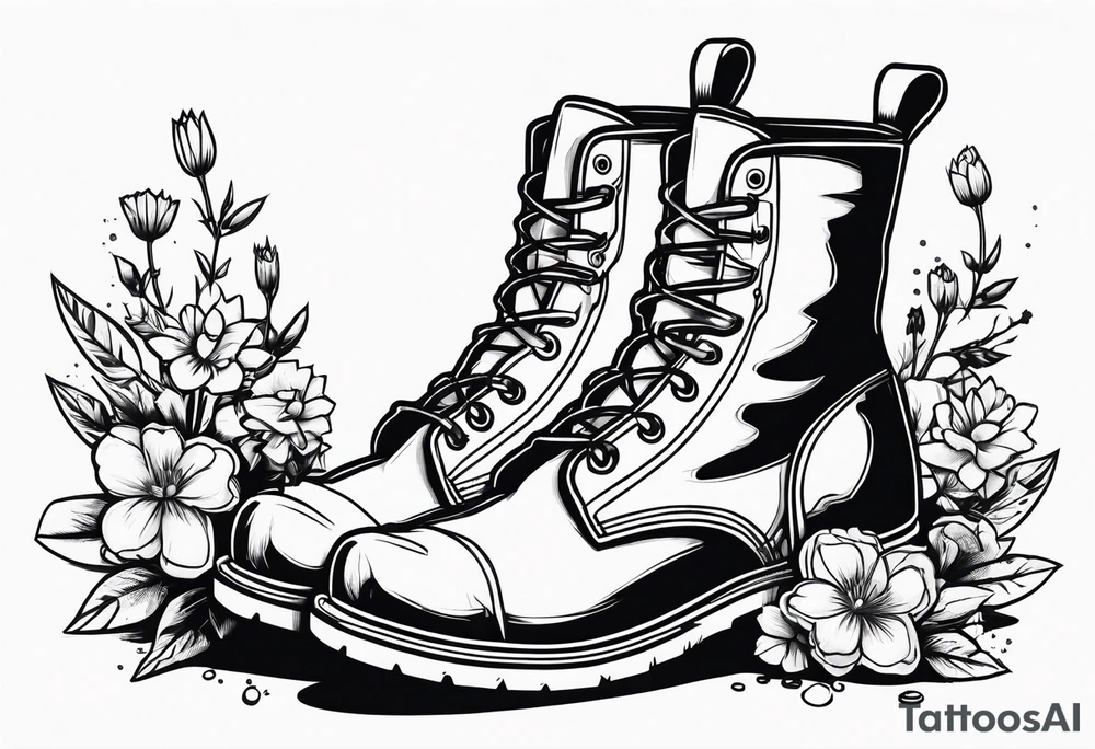 dads work boots sitting with wrench, screwdriver & hammer and a beer around or near it and flowers growing out of the boots. tattoo idea