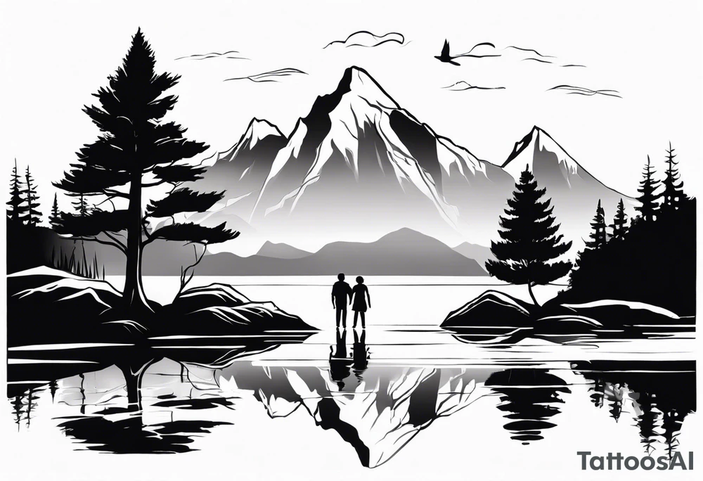 Father in between 6 year old daughter and 2 year old son. Standing in front of water with their reflection in the water behind them with tree and mountains in front of them tattoo idea