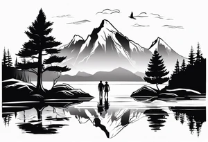 Father in between 6 year old daughter and 2 year old son. Standing in front of water with their reflection in the water behind them with tree and mountains in front of them tattoo idea