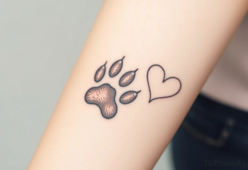 A detailed cat paw print with soft fur textures, using natural tones of cream, gray, and light brown for a delicate and cozy feel and heart tattoo idea
