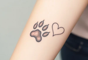 A detailed cat paw print with soft fur textures, using natural tones of cream, gray, and light brown for a delicate and cozy feel and heart tattoo idea