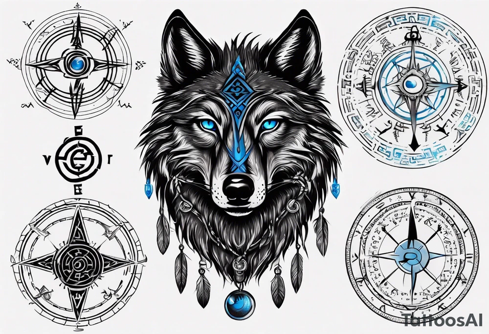 Black wolf with blue eyes with Viking Vegvísir compass on its forehead tattoo idea
