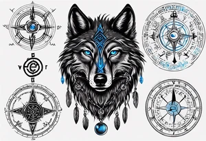 Black wolf with blue eyes with Viking Vegvísir compass on its forehead tattoo idea