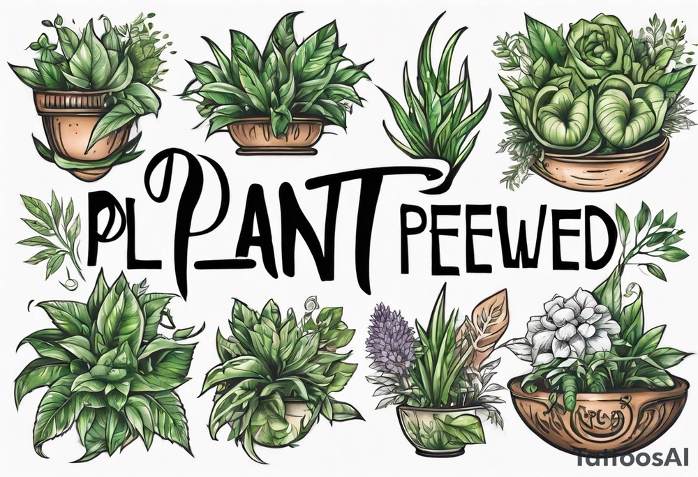Words “Plant Powered” with plants tattoo idea