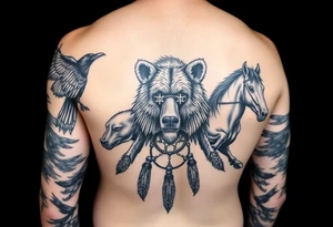 Native American 3/4 arm sleeve with black and grey realism featuring a raven, wild horses, a grizzly with scars over his eyes, and a dream catcher tattoo idea