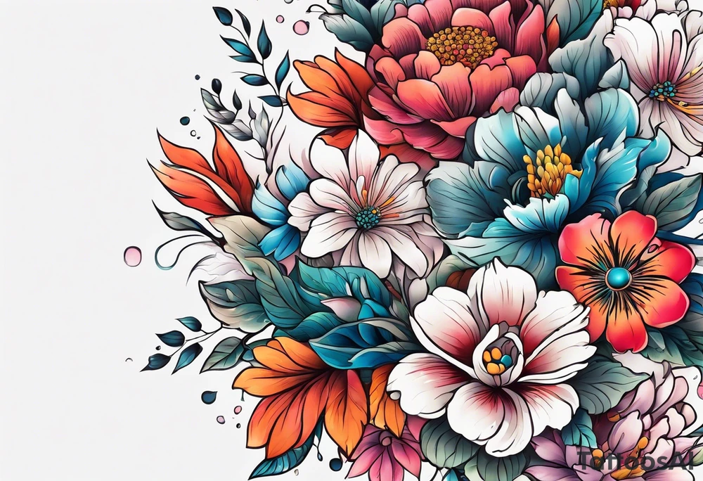 The number seven surrounded by colorful flowers tattoo idea