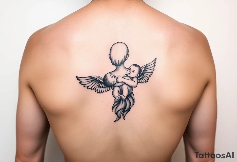 Mother holding baby in the air, baby has wings, watercolor and minimalist tattoo idea