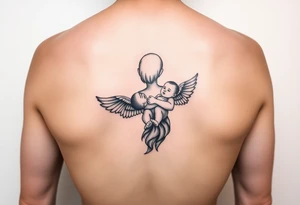 Mother holding baby in the air, baby has wings, watercolor and minimalist tattoo idea
