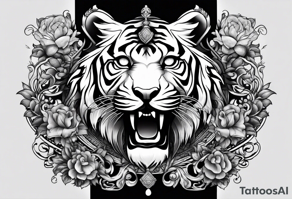 Full right arm sleeve a tiger at the top with a crown and third eye underneath a large hour glass with a brain and heart inside of it tattoo idea