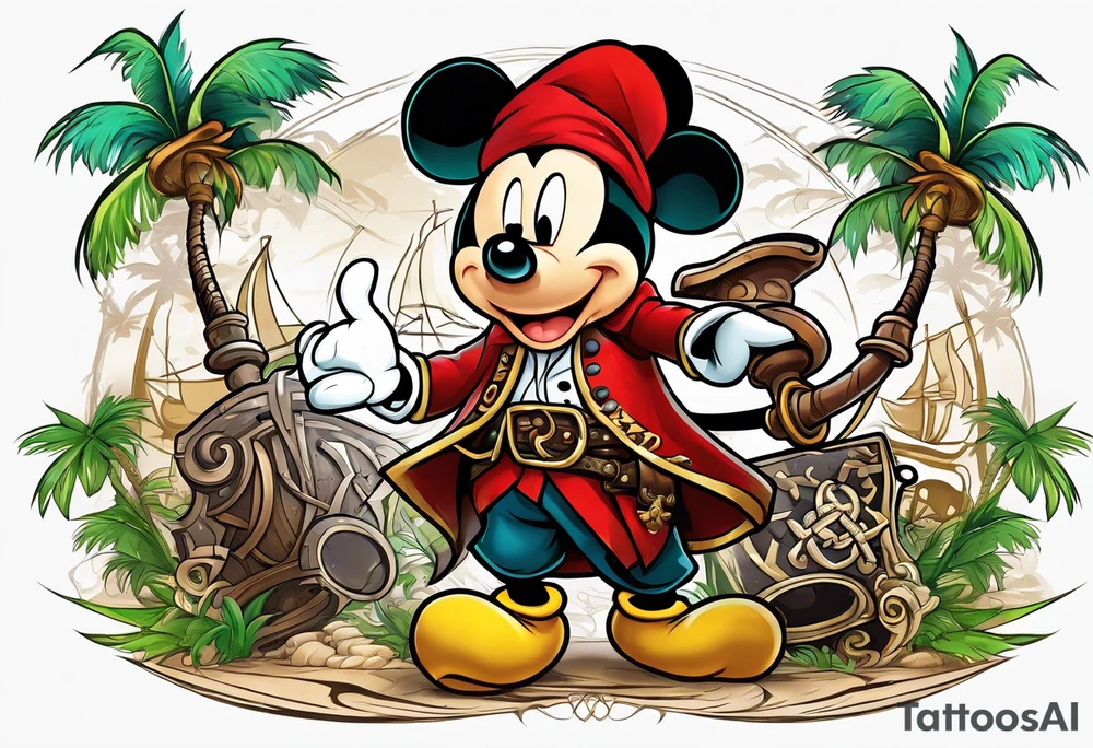 mickey mouse as pirate assassins creed character with palm trees and celtic symbol for family tattoo idea