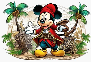 mickey mouse as pirate assassins creed character with palm trees and celtic symbol for family tattoo idea