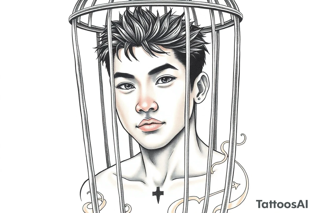 Handsome Asian young guy in a cage tattoo idea