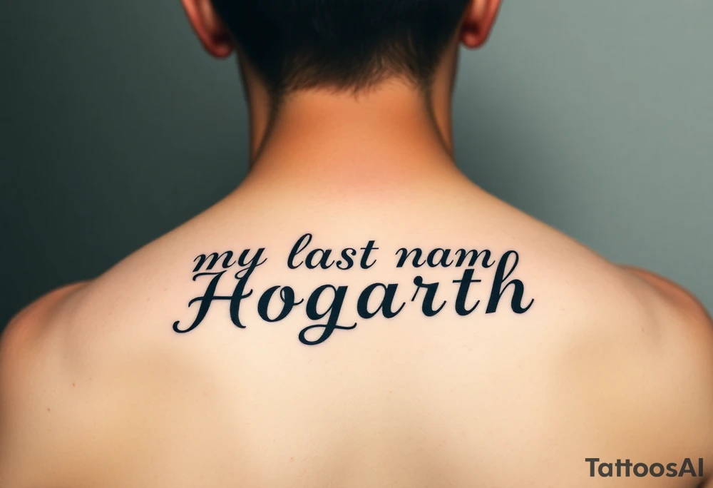 my last name (Hogarth) in calligraphy style lettering thin with like cursive writing in the middle of my back at the top just under my neck tattoo idea