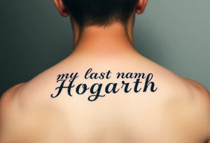 my last name (Hogarth) in calligraphy style lettering thin with like cursive writing in the middle of my back at the top just under my neck tattoo idea