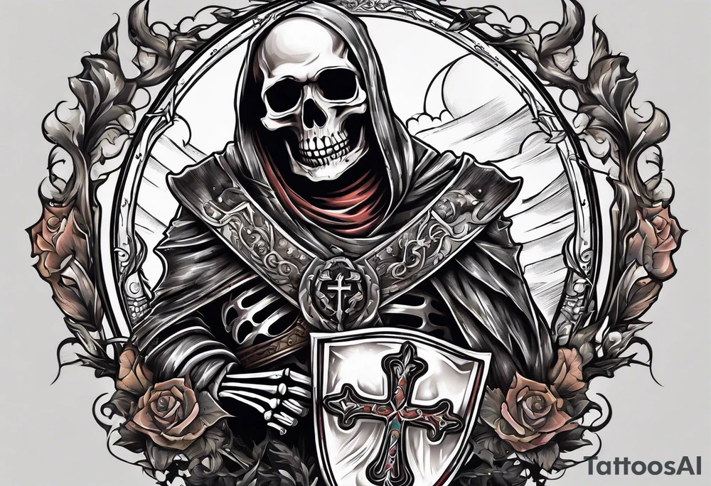 skeleton holding a shield with a cross on it tattoo idea