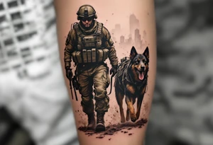 Soldier and Combat Dog – A soldier in olive green armor, with a loyal black-and-brown combat dog beside him, both covered in dirt, walking through a war-torn cityscape. tattoo idea