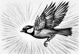 one flying 
sparrow, sunrays, 
make it a neck sleeve tattoo idea
