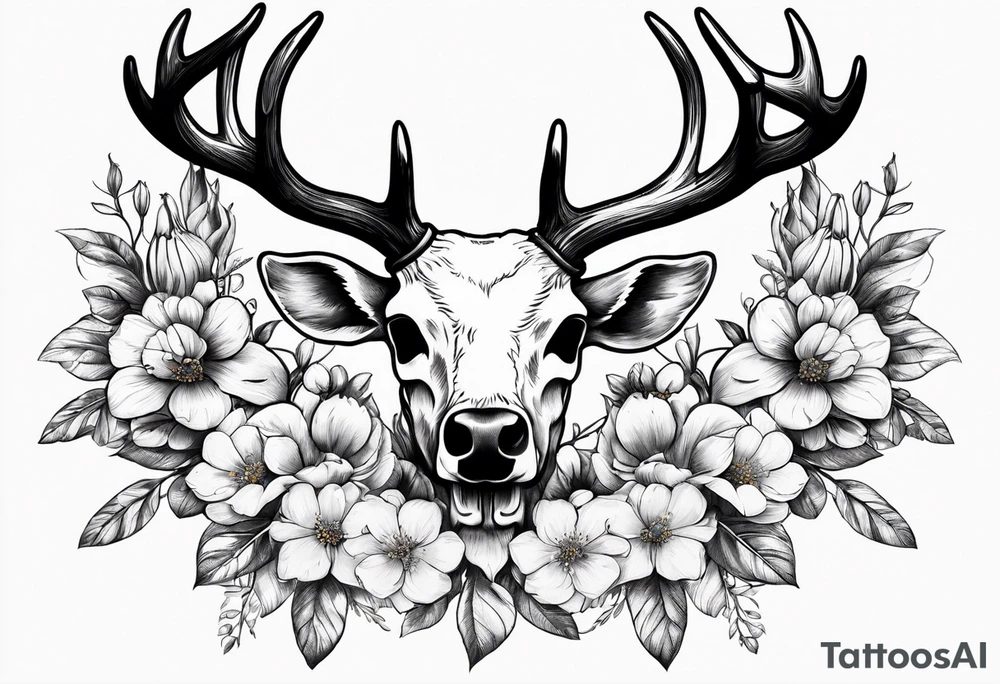 Reindeer skull with the flowers on the horns tattoo idea
