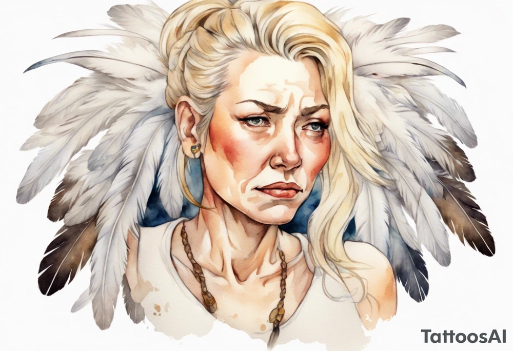 a sad middle-aged blonde woman with white feathers in her hair tattoo idea