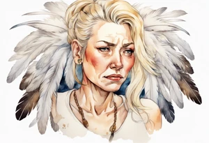 a sad middle-aged blonde woman with white feathers in her hair tattoo idea