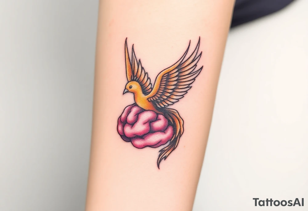 A phoenix flying out of a brain colorful tattoo idea