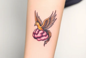 A phoenix flying out of a brain colorful tattoo idea