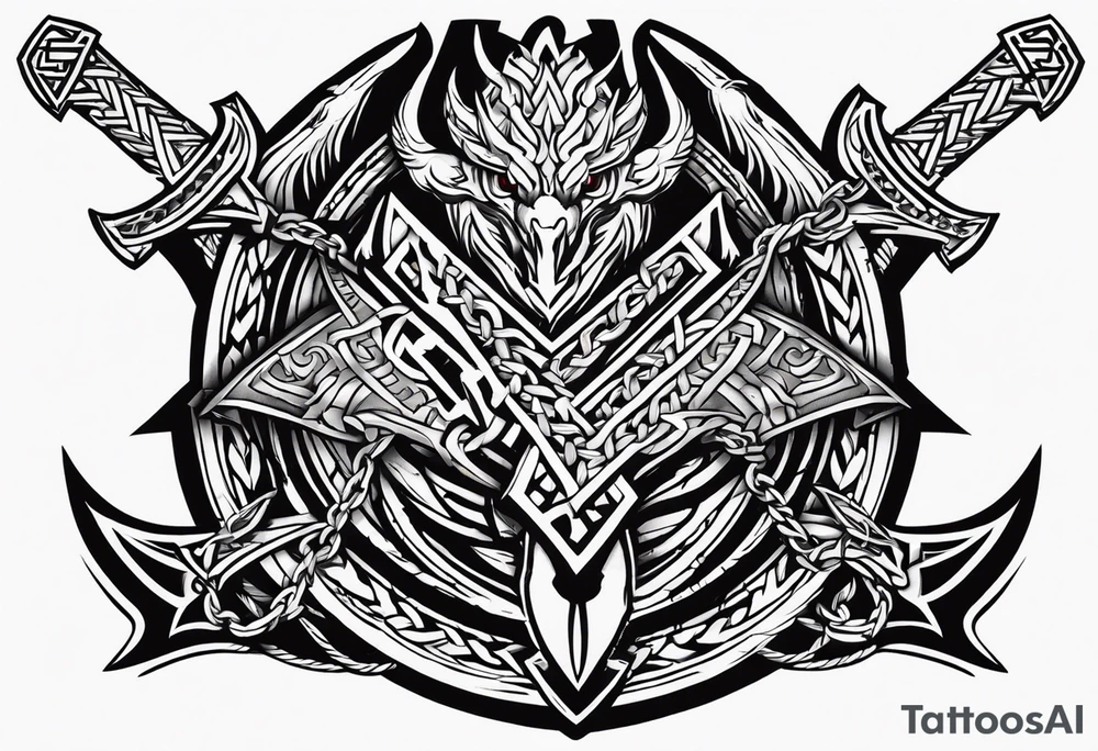 Valhalla sword shield dragon axe Valknut barbed wire chains tribal tattoo idea Valhalla sword shield dragon axe Valknut barbed wire chains tribal tattoo idea