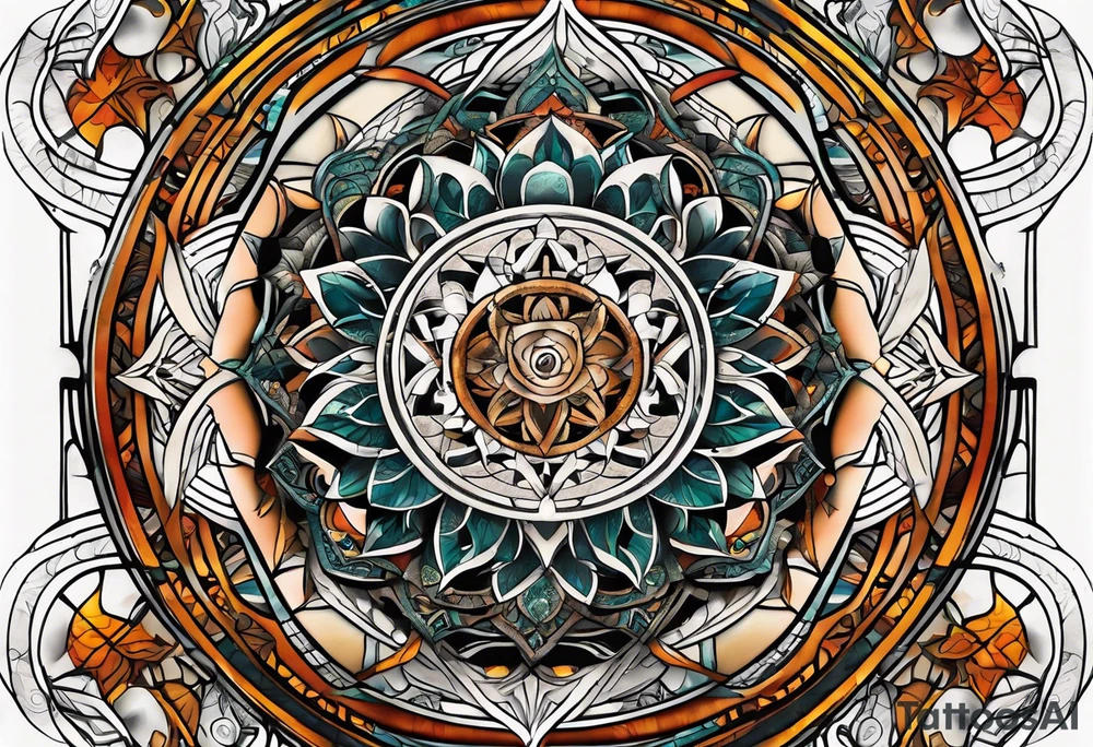 front knee tattoo with sacred geometry, swirls & washes, background and in fall colors tattoo idea