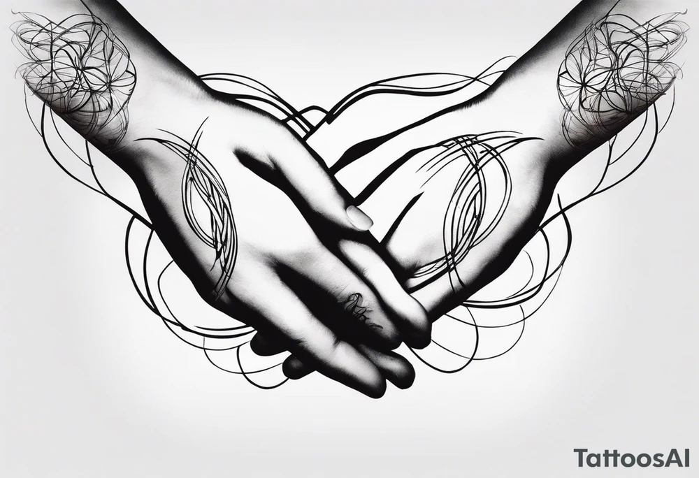 "A minimalist tattoo design symbolizing deep friendship, centered around the name 'Düha.' The design features two intertwined hands, representing trust and support, with a delicate infinity symbol subtly woven into the lines of the hands, indicating eternal friendship. Surrounding the hands, soft abstract elements like flowing lines or watercolor splashes gently frame the name 'Düha' written in elegant script, giving the design a personal and timeless touch. The overall style should evoke warmth, connection, and loyalty." tattoo idea