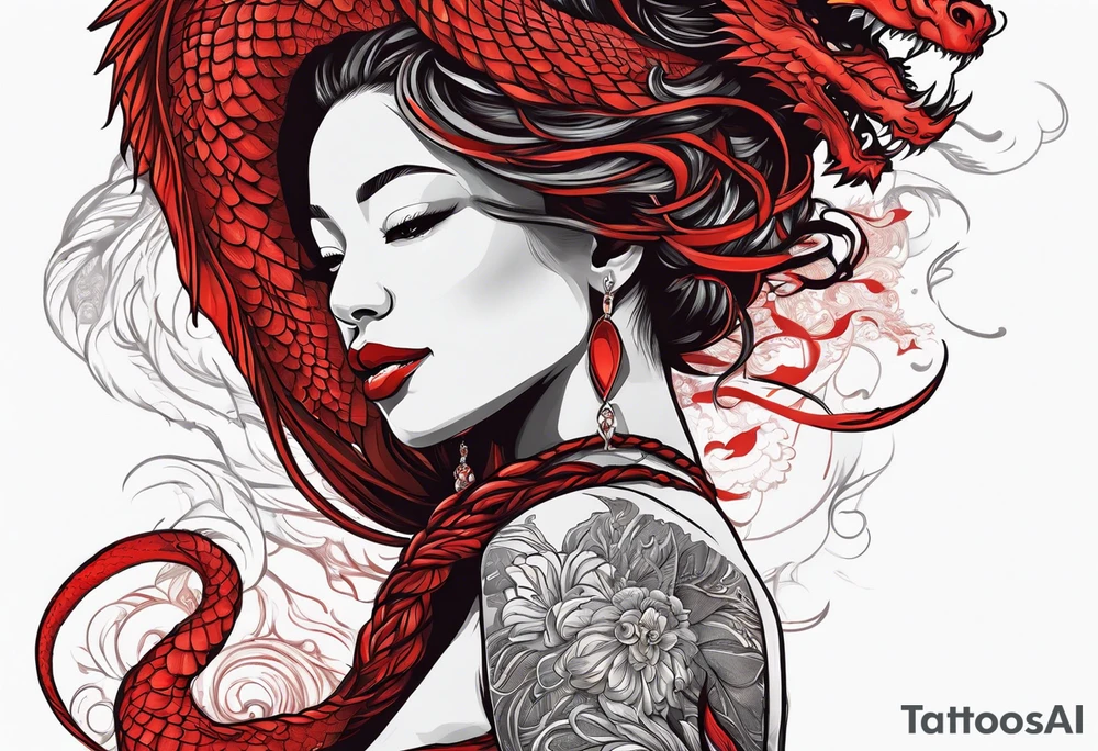 Red dragon wrapping around woman with locs tattoo idea