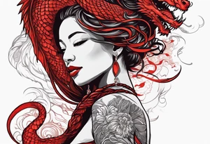 Red dragon wrapping around woman with locs tattoo idea