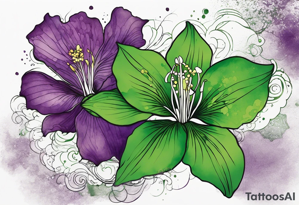 A mystical outline of a green and purple rio dipladenia flower and a green and purple watercolor splash in the background tattoo idea