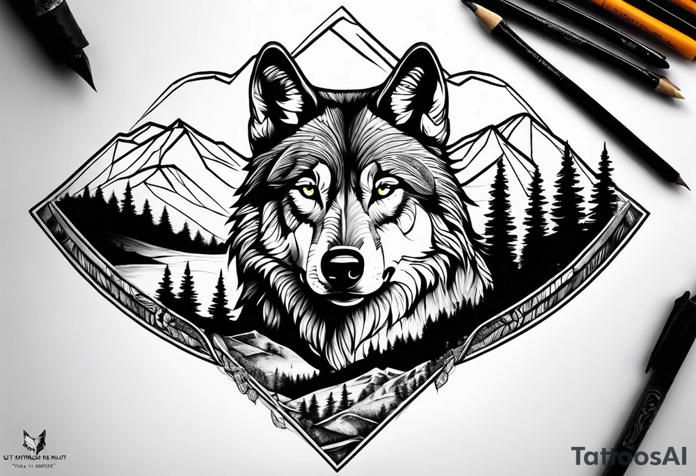 Mountains, wolf in it tattoo idea