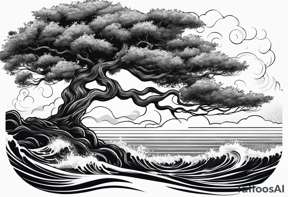 tree with roots growing around calming waves tattoo idea