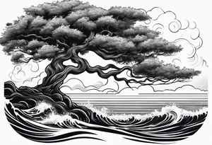 tree with roots growing around calming waves tattoo idea