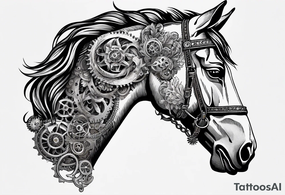 a horse head made out of gears. The horse's mane made out of rope tattoo idea