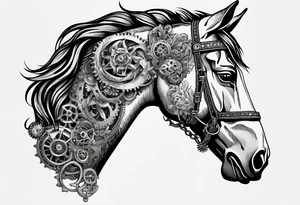 a horse head made out of gears. The horse's mane made out of rope tattoo idea