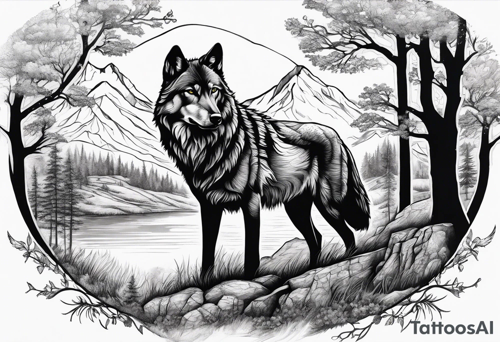 landscape with wolf and stag tattoo idea