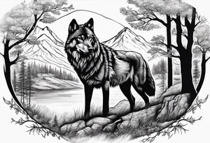 landscape with wolf and stag tattoo idea