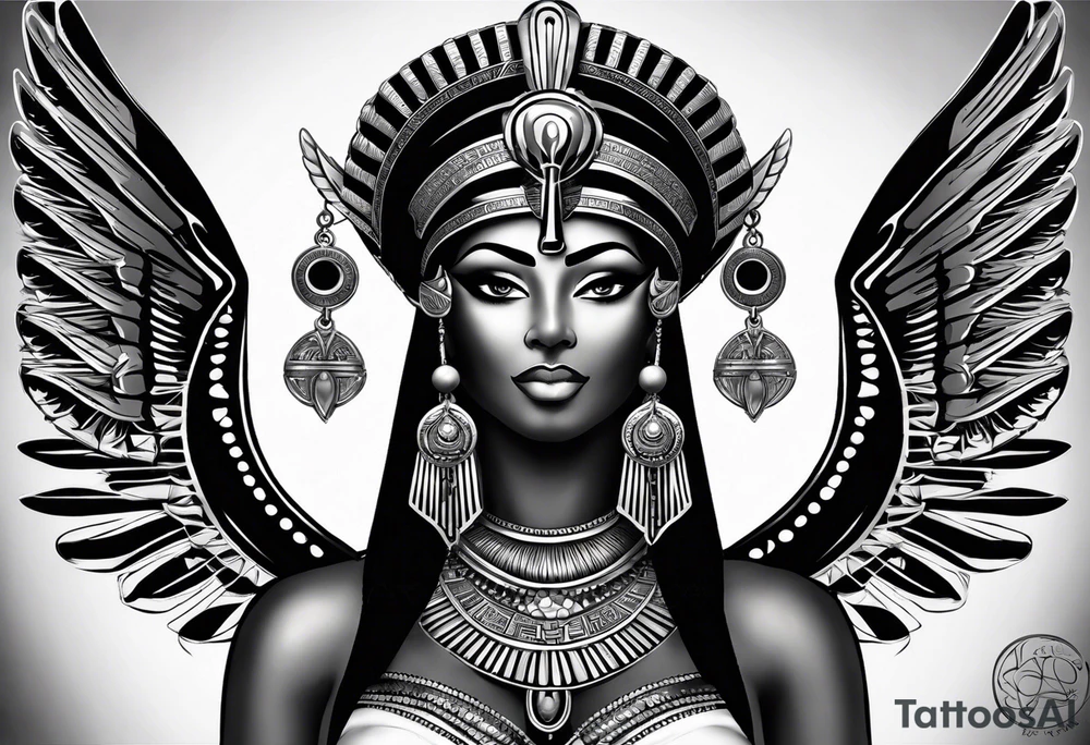 black and white Egyptian goddess Isis, who is often depicted as a woman with outstretched wings, holding an ankh (a symbol of life) in one hand and a lotus flower in the other. Her headdress often includes a throne or a solar disk. The tattoo design can vary in style and size, but it typically aims to capture the essence of this revered Egyptian deity, emphasizing her beauty, power, and maternal qualities. The choice of colors and additional elements can also be customized to create a unique and visually striking representation of the goddess Isis tattoo idea