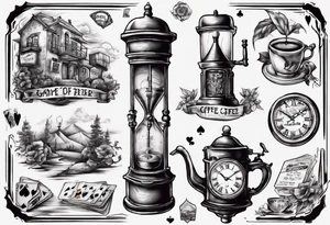 mounting landscape.
In a middle an antique clock at 9:44pm. across the tattoo a cinema film. game of poker 4 cards. a old walking stick and 
Italian coffee maker. tattoo idea
