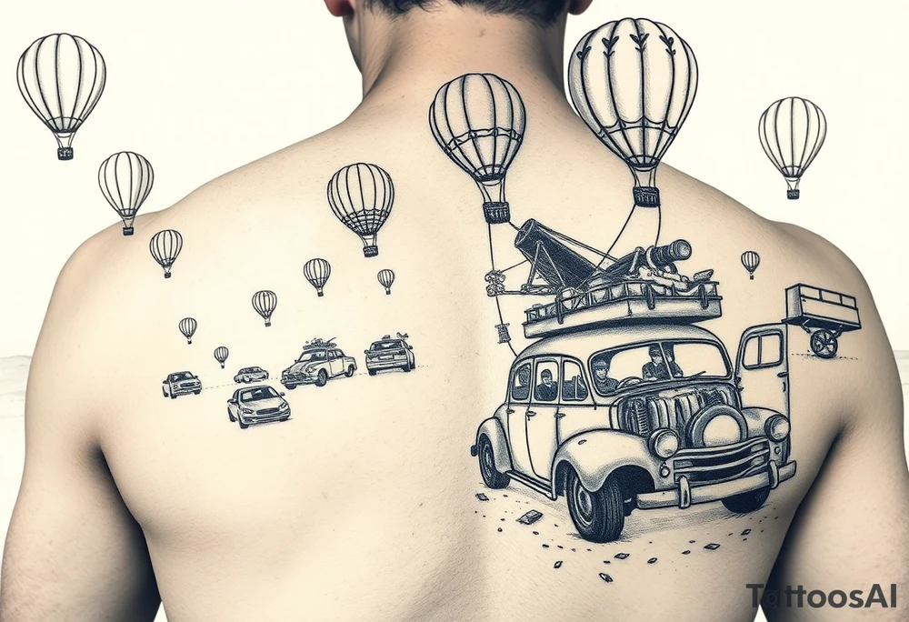 in a very steam punk vibe i want you to make a picture of a bunch of old beat up cars with people lounging in them and garbage and junk all up in and on them, tied to hot air balloons floating in the sky right about dusk and they are as far as the eye can see tattoo idea