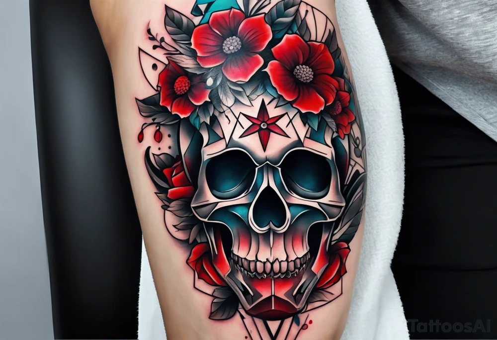 Skull Knee tattoo with flowers and geometric shapes, tints of red tattoo idea