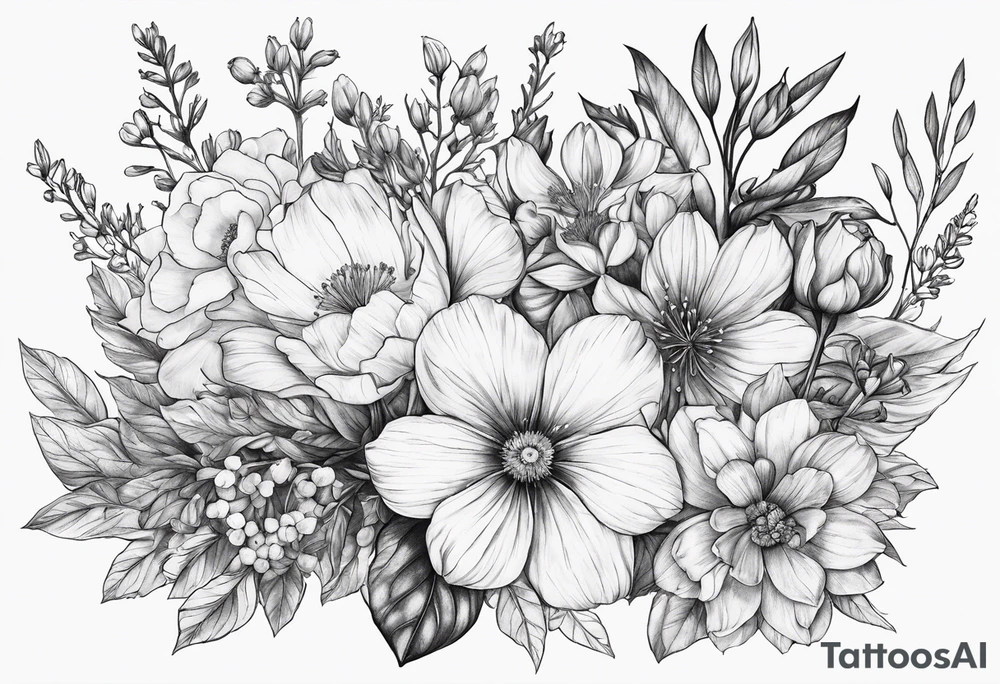 Birth flower bouquet with month’s January, May, November and December tattoo idea