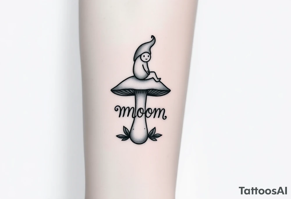 Mushroom with word mom on it with gnome sitting on top tattoo idea